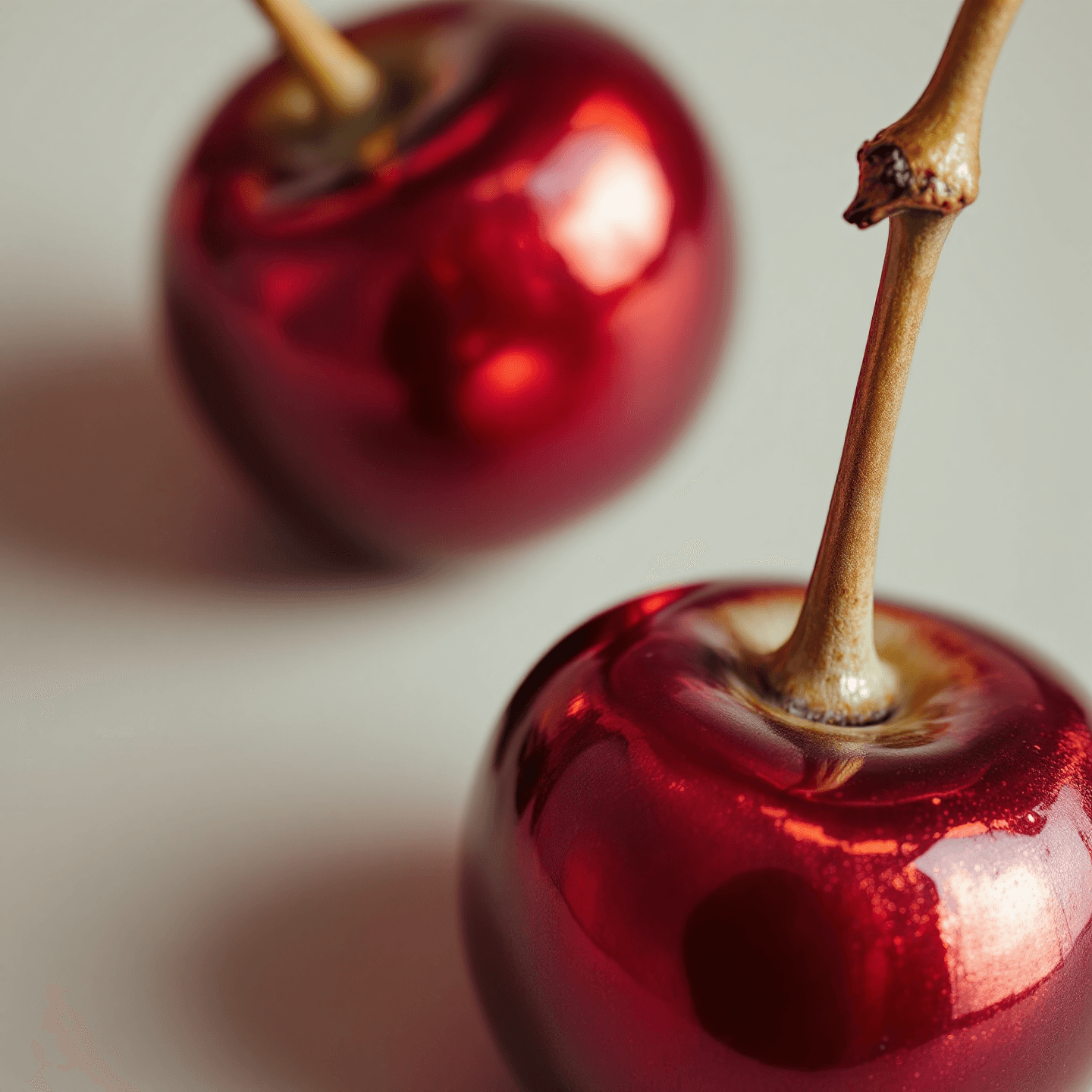 slip-cast porcelain cherry cluster with metallic-red lustre glaze — macro close-up showing material seam and surface detail, off-white seamless background, raking north-window light