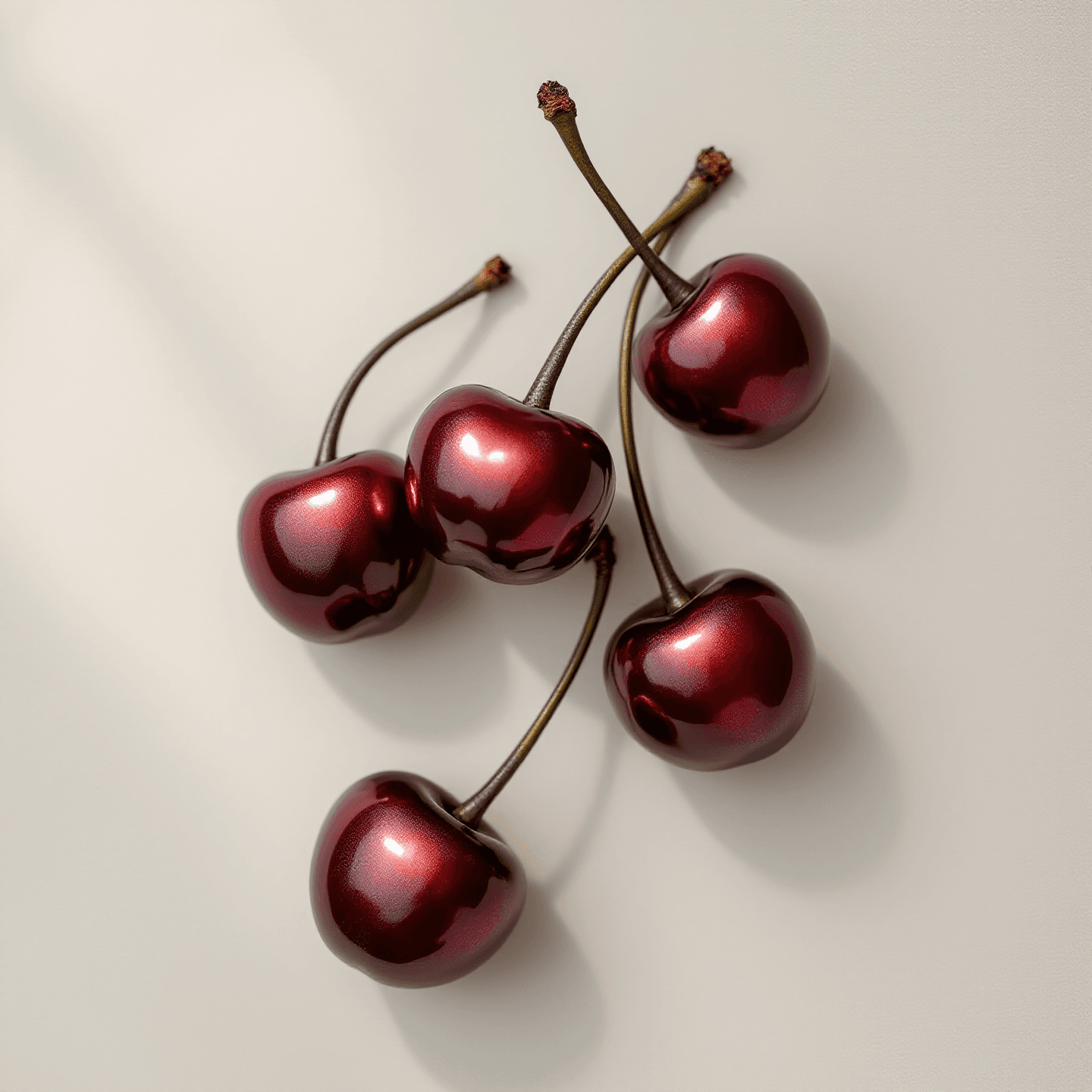slip-cast porcelain cherry cluster with metallic-red lustre glaze — on washed unbleached linen, off-white seamless ground, north-window light upper-left