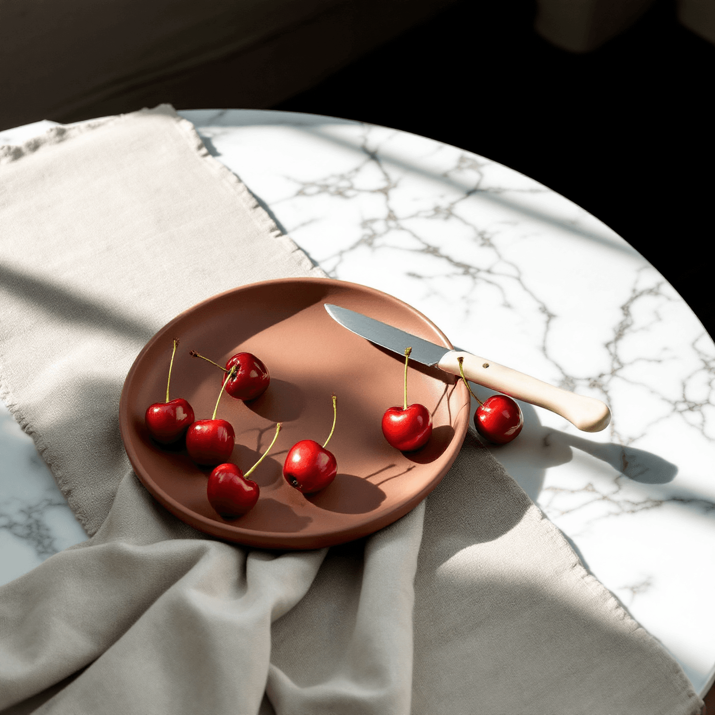 slip-cast porcelain cherry cluster with metallic-red lustre glaze — on a raw linen runner with terracotta dish and bone-handled knife, late-afternoon side light
