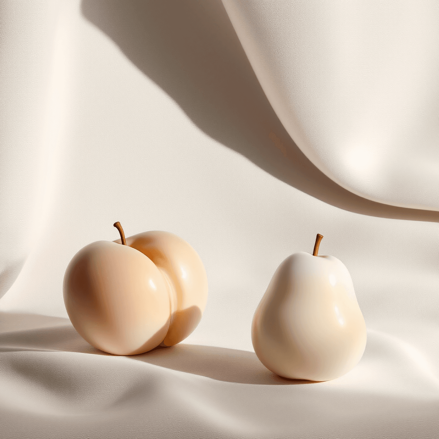 hand-poured alabaster peach, apricot, and plum with painted bloom — on washed unbleached linen, off-white seamless ground, north-window light upper-left