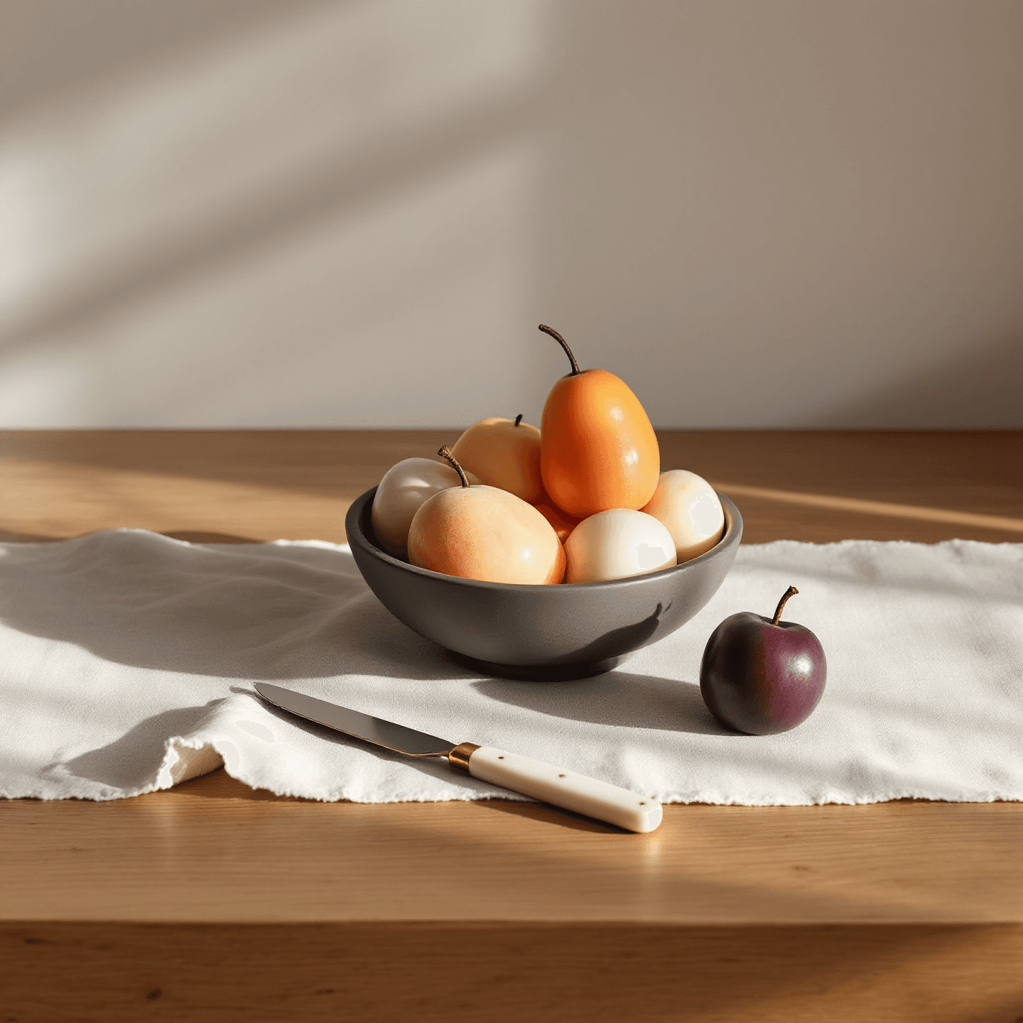 hand-poured alabaster peach, apricot, and plum with painted bloom — on a raw linen runner with terracotta dish and bone-handled knife, late-afternoon side light